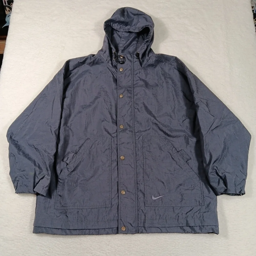 Vintage 90s Nike Jacket Mens Large Gray Raincoat Windbreaker Hoodied Full Zip